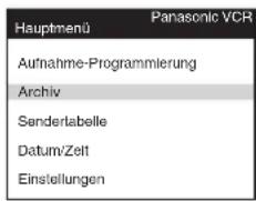 Hauptmenü Panasonic VCR Aufnahme-Programmierung Archiv Senderlabelle Datum/Zelt Einstellungen