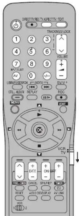 DIRECT TV REC TV ASPECT TV TEXT TRACKING/W-LOCK 1 2 3 4 5 6 VOLUME 7 8 9 INPUT SELECT AV 0 LIBRARY/SEARCH INDEX STILL ALBUM REPLAY MENU OPEN SV/V++ REC EXIT OK VCR TV DATE ON OFF RISK/INDEX CANCE SPLITED TIMER RESET AUDIO CS/DEPLAY AV LINK VCR 100 2