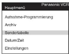 Hauptmenü Panasonic VCR Aufnahme-Programmlerung Archiv Sendertabelle Datum/Zeit Einstellungen
