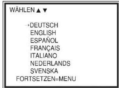 WÄHLEN ▲ ▼ →DEUTSCH ENGLISH ESPAÑOL FRANÇAIS ITALIANO NEDERLANDS SVENSKA FORTSETZEN=MENU