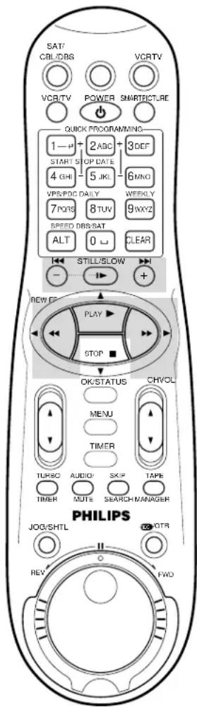SAT/CBL/DBS VCR/TV POWER SMART/PICTURE QUICK PROGRAMMING 1 → + START STOP DATE 4 GHI 5 JKL 6 MNO VPS/PDC DAILY 7 PQRS 8 TUV 9 WXYZ SPEED DBS/SAT ALT 0 CLEAR STILL/SLOW + REW PLAY STOP OK/STATUS CHVOL MENU TIMER TURBO AUDIO SKIP TAPE TIMER MUTE SEARCH MANAGER PHILIPS JOG/SHTL OTR REV FWD