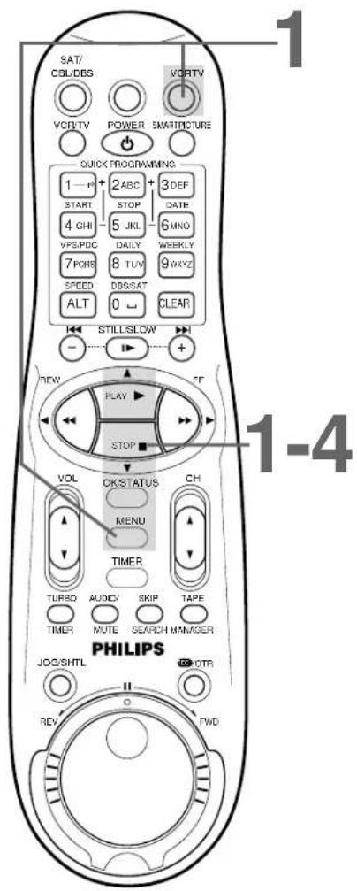 SAT/ CBL/DBS VCR/TV POWER SMART/FIGURE 1 QUICK PROGRAMMING 1 → + START 4 GHI VPS/PDC 7 PDRS SPEED ALT 2 ABC STOP 5 JKL DAILY 8 TUV DB/SAT 0 ← 3 DEF DATE 6 MNO WEEKLY 9 OXYZ CLEAR STILLSLOW + REW PLAY STOP VOL OK/STATUS MENU TIMER TURBO AUDICY SKIP TAPE TIMER MUTE SEARCH/MANAGER PHILIPS JOG/SHTL FWD…