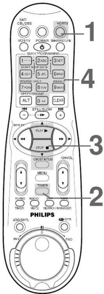 SAT/CBL/DBS VCR/TV POWER SMARTFIGURE 1 QUICK PROGRAMMING 1---+ 2ABC +3DEF, START STOP DATE, 4 GHI 5 JKL 6 MNO, VPS/PDC DAILY WEEKLY, 7 PQRS 8 TUV 9 WXYZ, SPEED DB/SAT, ALT 0 CLEAR, - STILL/SLOW +, REW PLAY STOP, OK/STATUS CH VOL, MENU, TIMER, TURBO AUDIO TIME, TIMER MUTE SEARCH MANAGER, PHILIPS JOG/…