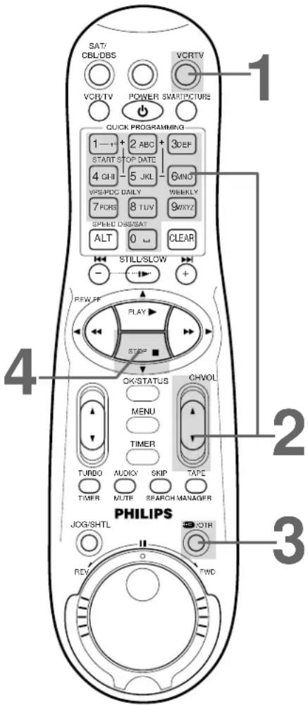 SAT/CBL/DBS VCR/TV POWER SMARTPICTURE 1 1—+ 2 ABC + 3DEF, START STOP DATE, 4 GHI - 5 JKL - 6 MNO, VPS/PDC DAILY, 7 PQRS 8 TUV 9 WXYZ, SPEED DBS/SAT, ALT 0 CLEAR, STILL/SLOW + - REVIEW PLAY STOP, OK/STATUS CH VOL, MENU, TIMER, TURBO AUDIO SKIP TAPE, TIMER MUTE SEARCH MANAGER, JOG/SHTL, PHILIPS, REV F…