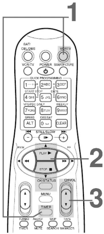 SAT/ CBL/DBS VCR/TV POWER START/PRICE QUICK PROGRAMMING 1 — 1 + 2 ABC + 3 DEF START STOP DATE 4 QHI 5 JKL 6 MND VPS/PDC DAILY WEEKLY 7 PDRS 8 TUV 9 WXYZ SPEED DB/SAT CLEAR ALT 0 STILL/SLOW - + + REW PLAY FF STOP OK/STATUS CHVOL MENU TIMER TURBO AUDIO SKIP TAPE TIMER MUTE SEARCH MANAGER