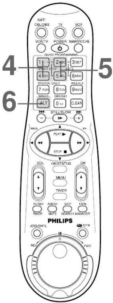 SAT/ CBL/DBS TV VOR VOR/TV POWER SMARTFIGURE QUICK PROGRAMMING. 1 2 ABC 3 DEF START STOP DATE 4 CHI 5 KL 6 MNO VPS/PDC DAILY WEEKLY 7 PGR 8 TUV 9 NXY SPEED DB/SAT ALT 0 CLEAR STILL/SLOW + - REW PLAY PF STOP VOL OK/STATUS CH MENU TIMER TURBO AUDIO SKIP TAPE TIMER MUTE SEARCH MANAGER PHILIPS JOG/SHTL…