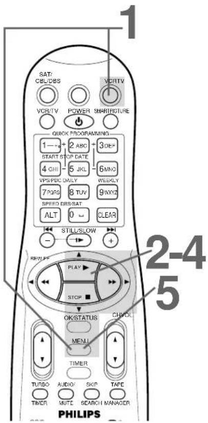 SAT/CBL/DBS VCR/TV POWER SMART/PICTURE 1 QUICK PROGRAMMING 1—2 ABC 3 DEF START STOP DATE 4 GHI 5 JKL 6 MNO VPS/PDC DAILY WEEKLY 7 PQRS 8 TUV 9 WXYZ SPEED DBS/SAT ALT 0 CLEAR STILL/SLOW + REW/FF PLAY STOP OK/STATUS CH/VOL MENU TIMER TURBO AUDIO SKIP TAPE TIMER MUTE SEARCH MANAGER PHILIPS