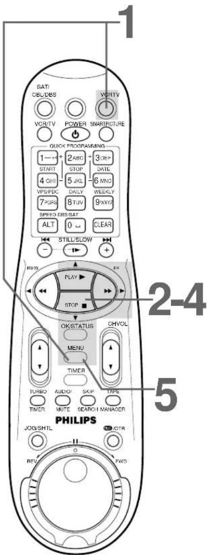 Remote control layout: SAT/CBL/DBS, VCR/TV POWER, SMARTPICTURE, 1 QUICK PROGRAMMING 1-+ 2ABC 3DEF, START STOP DATE, 4 GHI 5 JKL 6 MNO, VPS/PDC DAILY WEEKLY, 7 PQRS 8 TUV 9 WXYZ, SPEED DBS/SAT, ALT 0 CLEAR, - STILL/SLOW +, REV PLAY FF, STOP OK/STATUS CH VOL, MENU, TIMER, TURBO AUDIO SKIP TAPE, TIMER…