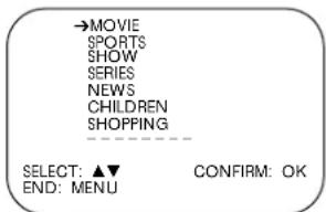→MOVIE SPORTS SHOW SERIES NEWS CHILDREN SHOPPING SELECT: ▲▼ END: MENU CONFIRM: OK