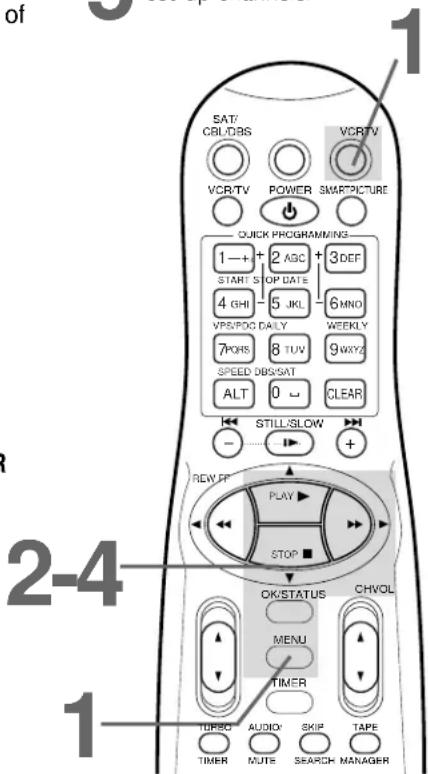 of SAT/ CRL/DBS VCRTV POWER SMARTPICTURE QUICK PROGRAMMING 1—+ 2 AGC + 3 DEF START S TOP DATE 4 GHI 5 JKL 6 MNO VPS/POC DAILY WEEKLY 7 POHS 8 TUV 9 WXYZ SPEED DBS/SAT ALT 0 CLEAR STILL/SLOW - REW.FP PLAY STOP OK/STATUS CHVOL MENU TIMER TURBO AUDIO SKIP TAPE TIMER MUTE SEARCH MANAGER 2-4 1