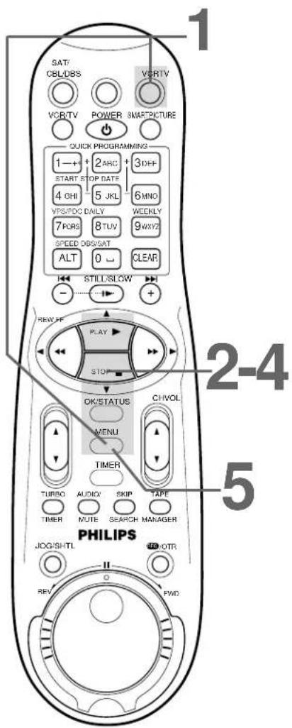 SAT/CBL/DBS VCR/TV POWER SMART/PICTURE QUICK PROGRAMMING 1—+ 2 ABC 3 DEF START STOP DATE 4 GHI 5 JKL 6 MNO VPS/PDC DAILY 7 PQRS 8 TUV 9 WXYZ SPEED DBS/SAT ALT 0 — CLEAR STILL/SLOW + REW/FF PLAY STOP OK/STATUS CHVOL MENU TIMER TURBO AUDIO SKIP TAPE TIMER MUTE SEARCH MANAGER PHILIPS JOG/SHTL OTR REV F…