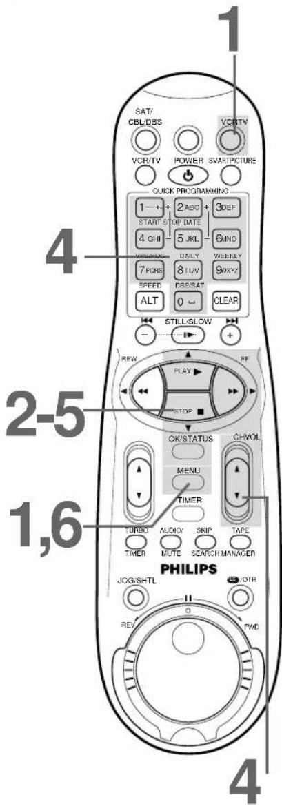 SAT/ CBL/DBS VCR/TV POWER SMARTPICTURE QUICK PROGRAMMING 1—+ 2ABC + 3DEF START STOP DATE 4 GHI 5 JKL WEDDING DAILY WEEKLY 7 FORS 8 TUV 9 VXY? SPEED DB/SAT ALT 0 CLEAR STILL-SLOW + REW PLAY FF STOP OK/STATUS CH/VOL MENU TIMER TURBO AUDIO SKIP TAPE TIMER MUTE SCARCH MANAGER PHILIPS JOG/SHTL CO/OTR REV…