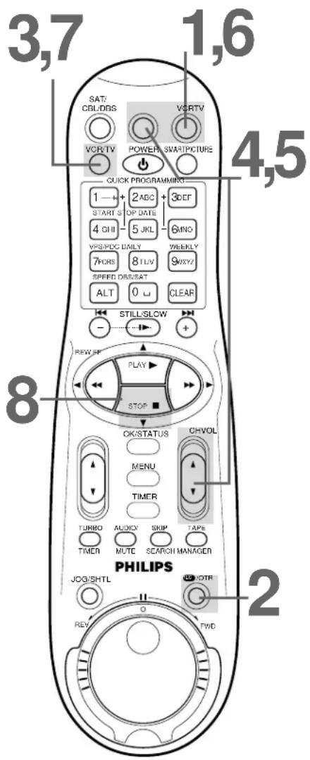 3,7 1,6 SAT/CBL/DBS VCR/TV VCR/TV POWER/SMARTPICTURE 4,5 QUICK PROGRAMMING 1 — + 2 ABC + 3DEF, START STOP DATE, 4 GHI 5 JKL 6 MNO, VPS/PDC DAILY WEEKLY, 7 PQRS 8 TUV 9 WXYZ, SPEED DIS/SAT, ALT 0 ▼ CLEAR, STILL/SLOW - REW PLAY STOP, OK/STATUS CH VOL, MENU, TIMER, TURBO AUDIO SKIP TAPE, TIMER MUTE SEA…