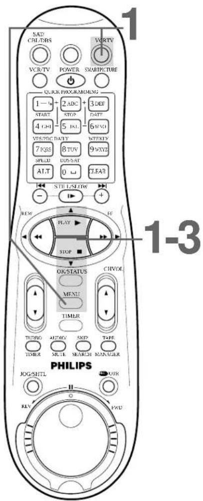 SAD CBL/TBS VCR/TV POWER SMARTPICTURE QUICK PROGRAMMING 1—+ 2ADC + 3DEF START STOP DATE 4 GHz 5 GHz 6 MHz VST/DAC DAILY WEEKLY 7 PSS 8 TUV 9 XYZ SPED DOS-SAT ALT 0 CLEAR - STILL-SLOW + REW PLAY CE STOP OK/STATUS CHVOL MENU TIMER TURBO AUDIO SKIP TAPE TIMER SLITE SEARCH MANAGER PHILIPS JOG/SHTL JOUR…