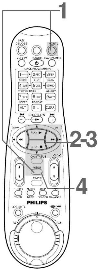 SAT/CBL/DBS VCR TV POWER SMART PICTURE QUICK PROGRAMMING 1—N + 2ABC + 3DEF START STOP DATE 4 GHI - 5 JKL - 6 MNO VPS/PDC DAILY WEEKLY 7 PQRS 8 TUV 9 WXYZ SPEED DBS/SAT ALT 0 CLEAR - STILL/SLOW + REW PLAY FF STOP OK/STATUS CH VOL MENU TIMER TURBO AUDIO SKIP TAPE TIMER MUTE SEARCH MANAGER PHILIPS JOG/…