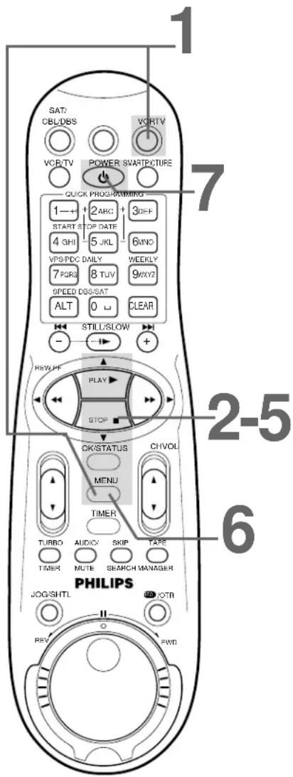 SAT/CBL/DBS VCR/TV POWER SMART/PICTURE QUICK PROGRAMMING 1-+2 ABC +3 DEF START STOP DATE 4 GHI -5 JKL -6 MNO VPS/PDC DAILY WEEKLY 7 PQRS 8 TUV 9 WXYZ SPEED DBS/SAT ALT 0 □ CLEAR STILL/SLOW REVIEW PLAY STOP OK/STATUS CH VOL MENU TIMER TURBO AUDIO SKIP TAPE TIMER MUTE SEARCH MANAGER PHILIPS JOG/SHTL R…
