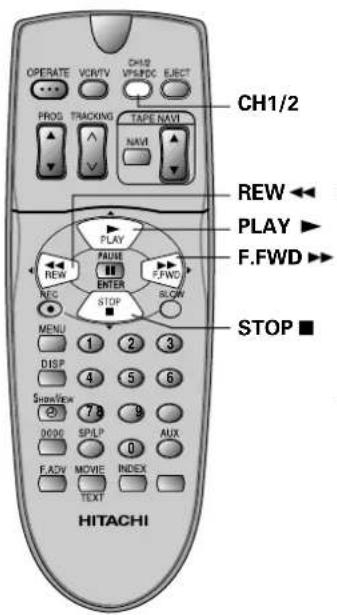 CH1/2 PROS TRACKING TAPE NAVI NAVI REW ← PLAY ► F.FWD ► STOP ■ MENU 1 2 3 DISP 4 5 6 SHOWVIEW 7 8 0000 SPLP AUX F.ADV MOVIE INDEX TEXT HITACHI