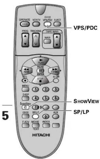 OPERATE VCS/TV CH12 VPS/PDC ELECT PROG TRACKING TAPE NAVI NAV VPS/PDC PLAY FAUSE II REW ENTER NO STOP ALLOW MENU 1 2 3 DISP 4 5 6 SHOWVIEW 7 8 9 0000 SPLP AUX FACV MOVIE INDEX TEXT 5 SHOWVIEW SP/LP HITACHI