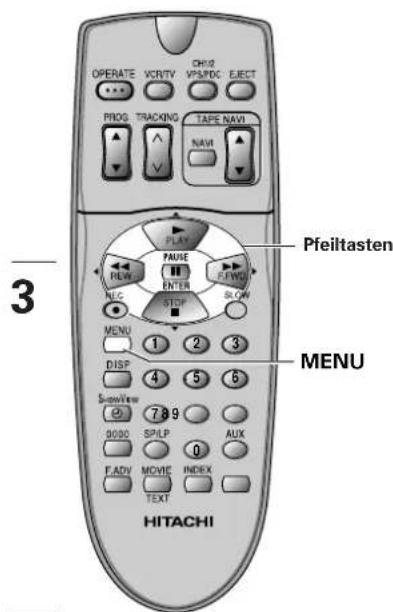 OPERATE VCNTV CH10 VPS/PDC ELECT PROG TRACKING TAPE NAVI NAV Pfeiltasten NEW PAUSE ENTER STOP MENU 1 2 3 DISP 4 5 6 ShowView 789 9000 SPILP AUX FADV MCVIC INDEX TEXT HITACHI 3 MENU