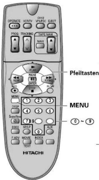 OPERATE VOUTV CHN PROG TRACKING TAPE NAVI NAV Pfeiltasten PLAY PAUSE ENTER STOP MENU 1 2 3 DISP 4 5 6 SHOWView 7 B 8 0000 SPSP AUX F ADV MOVE INDEX TEXT HITACHI MENU 0 ~ 9