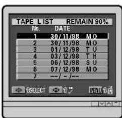 TAPE LIST REMAIN 90% No. DATE 1 30/11/98 M O 2 30/11/98 M O 3 01/12/98 T U 4 03/12/98 T H 5 06/12/98 S U 6 07/12/98 M O 7 --- / - /- SELECT END