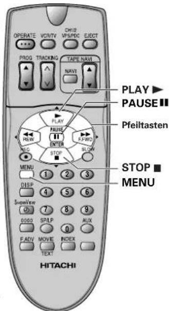 OPERATE VCRIV VPS/PGE ELECT PROG TRACKING TAPE NAVI NAVI PLAY ▶ PAUSE ■ Pfeiltasten PLAY PAUSE F-FWD ENTER SLOW STOP MENU 1 2 3 DISP 4 5 6 ShowView 7 8 9 0000 SPAP AUX F-ADV MOVIE INDEX TEXT HITACHI