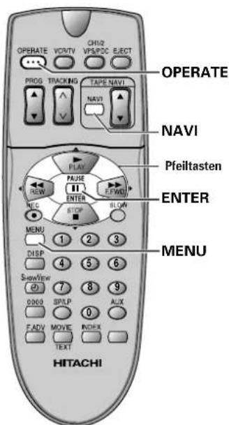 OPERATE PROG TRACKING TAPE NAVI NAVI Pfeiltasten ENTER MENU HITACHI FLAV FAUSE REW ENTER NEC STOP 1 2 3 DISP 4 5 6 ShowView 7 8 9 0000 SPRP AUX F ADV MOVIE INCHIX TEXT
