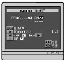MANUAL PROG ---04 CH23 CATV DECODER CH FINE [ _ ] 0000 1/4 MENU 1/4