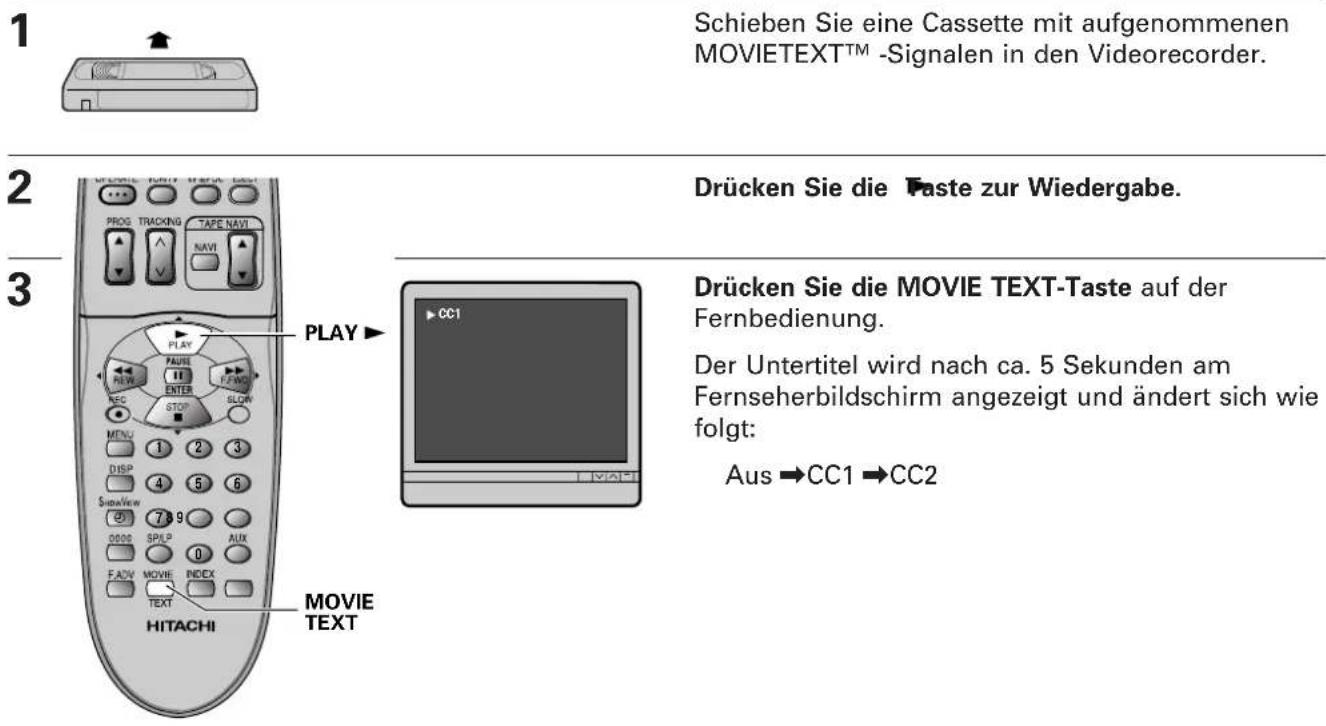 Schieben Sie eine Cassette mit aufgenommenen MOVIETEXT™ -Signalen in den Videorecorder. Drücken Sie die Taste zur Wiedergabe. Drücken Sie die MOVIE TEXT-Taste auf der Fernbedienung. Der Untertitel wird nach ca. 5 Sekunden am Fernseherbildschirm angezeigt und ändert sich wie folgt: Aus →CC1 →CC2