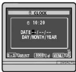 CLOCK 10:20 DATE +/---/-- DAY/MONTH/YEAR 0 - 3\SELECT 0000 d\MENU\F