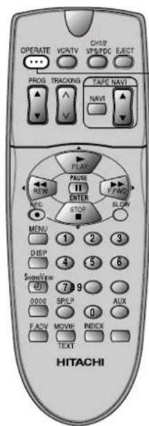 OPERATE VCVTV CH132 PROG TRACKING TAPE NAVI NAVIT FLAV PAUSE 11 ENTER FWD STOP MENU 1 2 3 DISP 4 5 6 ShowView 7 8 9 0000 SPILP AUX FAEV MOVIE INDEX TEXT HITACHI