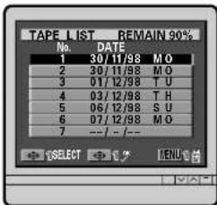 TAPE LIST REMAIN 90% No. DATE 1 30/11/98 M O 2 30/11/98 M O 3 01/12/98 T U 4 03/12/98 T H 5 06/12/98 S U 6 07/12/98 M O 7 --/--/-- SELECT MENU