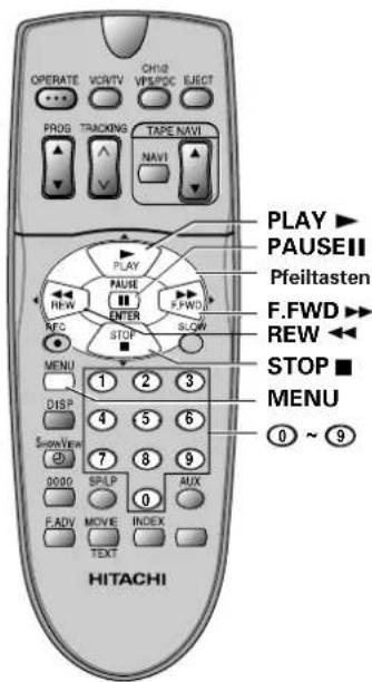 OPERATE VCVTV CH1/2 PROS TRACKING TAPE NAVI NAV1 PLAY ▶ PAUSE II Pfeiltasten F.FWD ▶ REW ◀ STOP ■ MENU DISP 1 2 3 SHOWER 4 5 6 0000 SRLP 7 8 9 F.ADV MOVE INDEX TEXT HITACHI 0 ~ 9