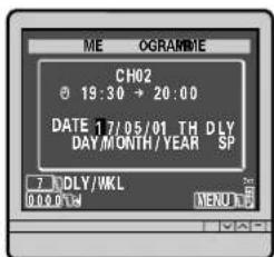ME OGRAMME CH02 0 19:30 + 20:00 DATE 17/05/01 TH DLY DAY.MONTH/YEAR SP 7 DLY/WKL 0.0.0% MENU