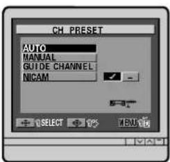 CH_PRESET AUTO MANUAL GUIDE CHANNEL NICAM SELECT 10% MENU