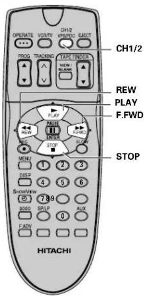 CH1/2 PROG TRACKING TAPE FINDER VIEW BLACK REW PLAY F.FWD PLAY XUE ENTER STOP MENU 1 2 3 DISP 4 5 6 ShowView 7 8 9 B000 SPLP AUX F.ADV 0 HITACHI