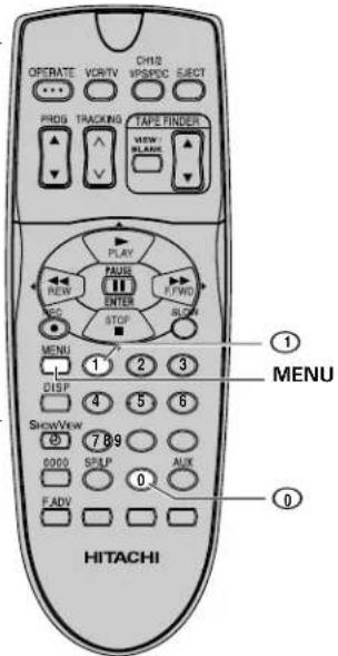 OPERATE VCRTV CH1/2 PROG TRACKING TAPE FINDER VIEW BLANK PLAY FAUSE F/FWD ENTER STOP MENU 1 2 3 DISP 4 5 6 SHOWView 7 8 9 0000 SP/LP AUX F ADV 0 HITACHI MENU 0