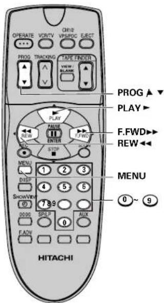 OPERATE VOUTV CHIN VPS/POC ELECT PROG TRACKING TAPE FINDER VIEW / BLANK PLAY F.FWD REW NEW ENTER STOP MENU 1 2 3 DISP 4 5 6 SHOWVIEW 7 8 9 0000 SPLP AUX FADY 0 HITACHI PROG ▲ ▼ PLAY ▶ F.FWD ▶ REW ◀◀ MENU 0 ~ 9