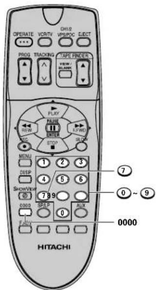 OPERATE VCR/TV CHU PROG TRACKING TAPE FINDER VIEW BLANK PLAY FAUSE E-PWD ENTER STOP MENU ① ② ③ DISP ④ ⑤ ⑥ SHOWER ⑦ ⑧ ⑨ 0000 SPLP ALX FLUG 0 0000 HITACHI