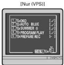 [Nur (VPS)] 1 T=OSD 2 T=AUTO BLUE 3 T=SUMMER 0 4 T=PROGRAM PLAY 5 T=PREPARE REC MENU: V=新