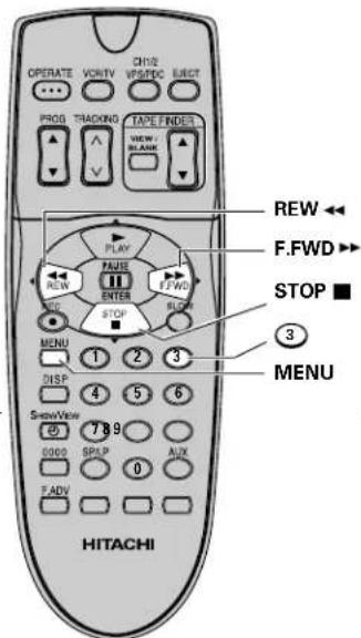 OPERATE VORTV Q1/2 VSPDC ELECT PROG TRACKING TAPE FINDER VIEW / BLANK REW ← F.FWD → FAVUE ENTER FFWD STOP ■ MENU ③ DISP 1 2 3 4 5 6 ShowView 789 0000 SPLP AUX T ADV 0 HITACHI