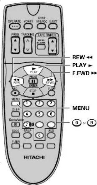OPERATE VCR/TV CH12 PROG TRACKING TAPE FINDER VIEW / BLANK REW ← PLAY ► F.FWD ► NEW FAUSE ENTER STOP MENU 1 2 3 DISP 4 5 6 ShowView 7 8 9 0000 SPLP AUX S ADV 0 MENU 0 ~ 9 HITACHI