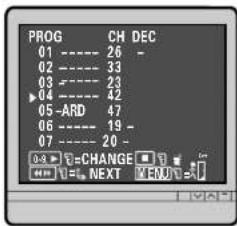 PROG CH DEC 01 ---- 26 - 02 ---- 33 03 ---- 23 04 ---- 42 05 -ARD 47 06 ---- 19 - 07 ---- 20 - 3.3 ▼ CHANGE ▼ ←→ ← NEXT ▼ END ▼