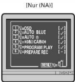 [Nur (NA)] 1 = OSD 2 = AUTO BLUE 3 = AUTO * 4 = >DNCAM0* 5 = PROGRAM PLAY 6 = PREPARE REC MENU 0