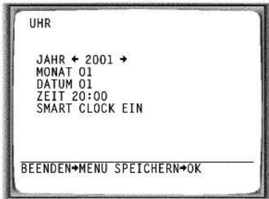 UHR JAHR ← 2001 → MONAT 01 DATUM 01 ZEIT 20:00 SMART CLOCK EIN BEENDEN→MENU SPEICHERN→OK