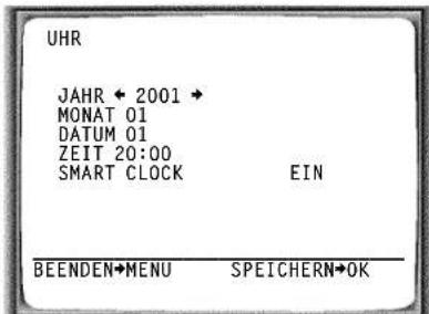 UHR JAHR ← 2001 → MONAT 01 DATUM 01 ZEIT 20:00 SMART CLOCK EIN BEENDEN→MENU SPEICHERN→OK