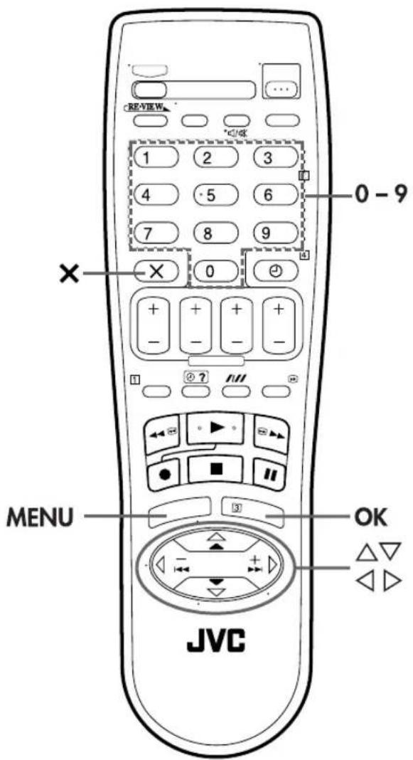 REVIEW 1 2 3 4 5 6 7 8 9 0 - 9 X + + + + - - - - ? ? MENU OK JVC