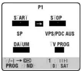 P1 START → STOP SP VPS/PDC AUS DATUM TV PROG /-→ OK 1 : III- PROG : ND 0 ! SAT