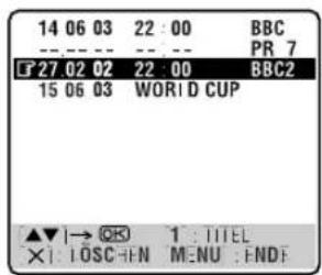 14 06 03 22:00 BBC PR 7 27 02 02 22:00 BBC2 15 06 03 WORLD CUP ▲▼ |→ OK 1 : TITLE X : LOSCHEN MENU : ENDF