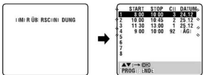 IIMI R ÜB: RSCIINI: DUNG START STOP CII DATUM 1 8.00 10.00 3 24.12 2 10.00 10.45 2 25.12 3 11.30 13.00 1 25.12 4 9.00 10.00 92 | AG | ▲▼ |→ OK PROG | ENDE